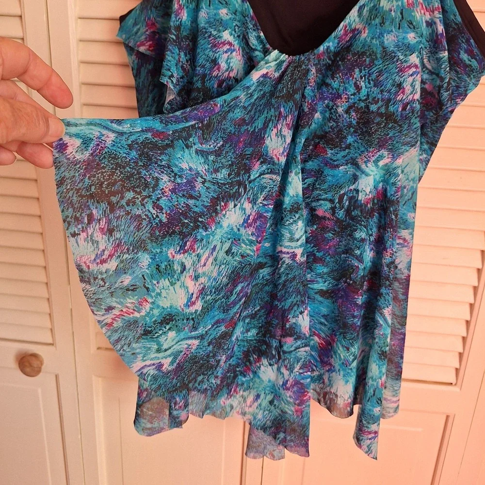 Mazu Swim Blue Sheer Print Tankini Womens 24W Padded Bust Adjustable Straps Knit
